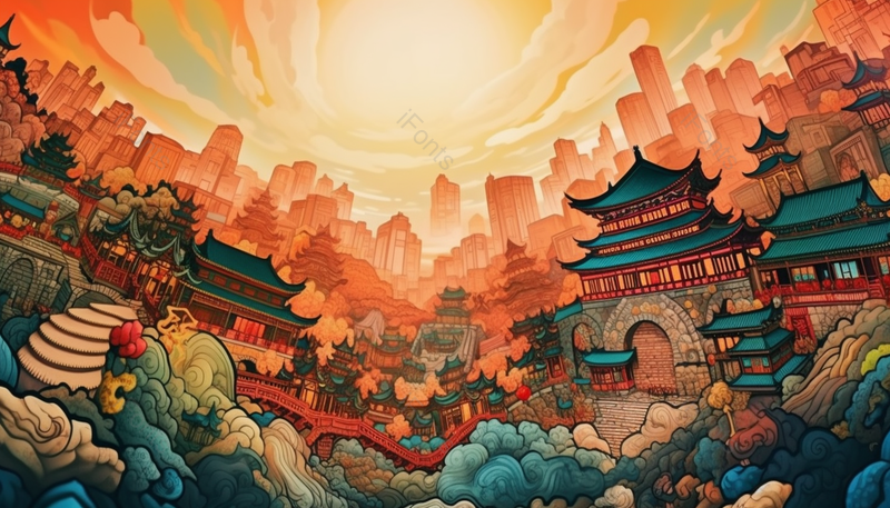 国潮风古建筑天空祥云插画背景图,插画/手绘图,插画/手绘图库,插画/手绘图下载,插画/手绘